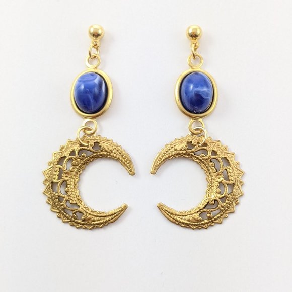 Lapis Lazuli Moon Earrings - Picture 2 of 2
